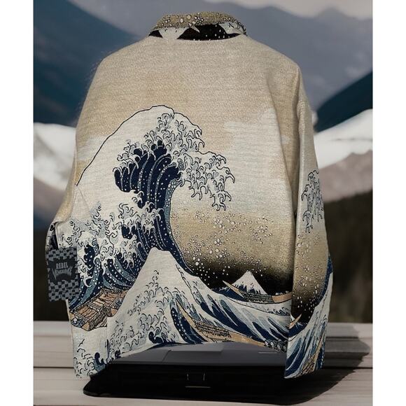 Rare The Great Wave Off Kanagawa Japan Tapestry Jacket Men's L Rebel Vengeance - Picture 2 of 8